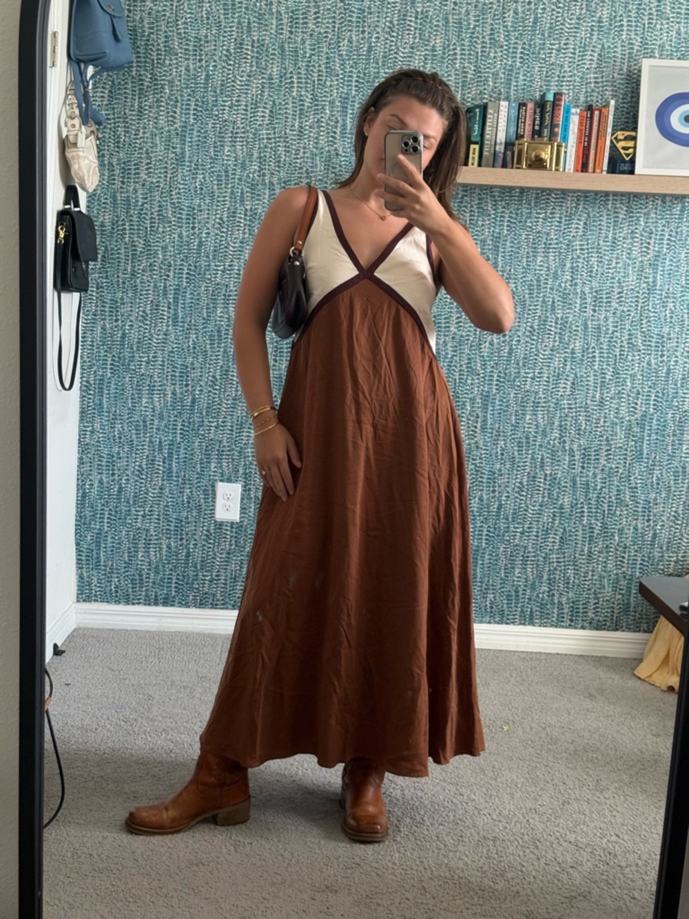 Sancia Naomi Brown and Cream colorblock V-Neck Maxi Dress